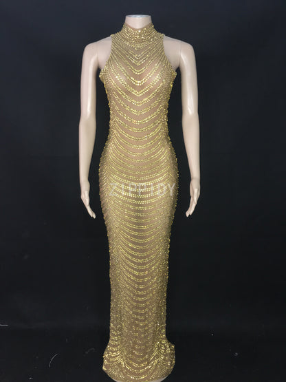 Full Gold Rhinestones Transparent Mesh Long Dress Women Birthday Celebrate
