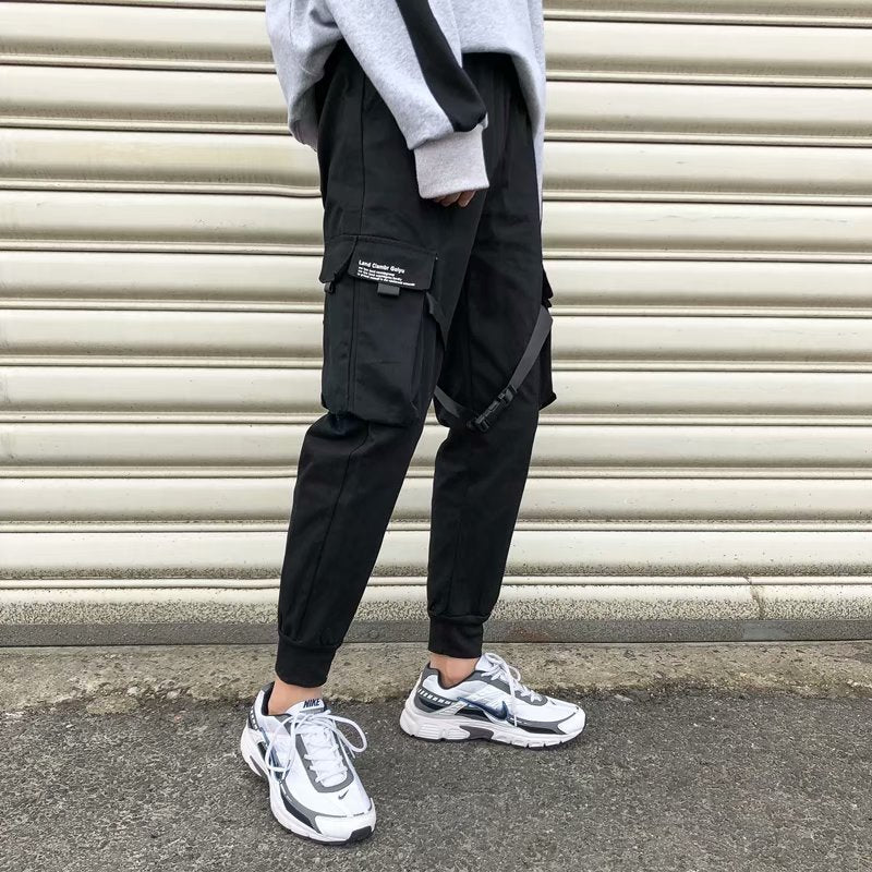 Ribbons Harem Joggers Men Cargo Pants Streetwear Hip Hop Casual Pockets