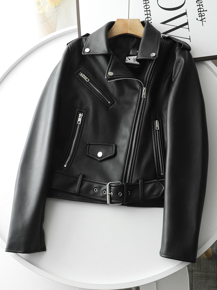 Spring Autumn Women Zippers V-neck Faux Leather Jacket