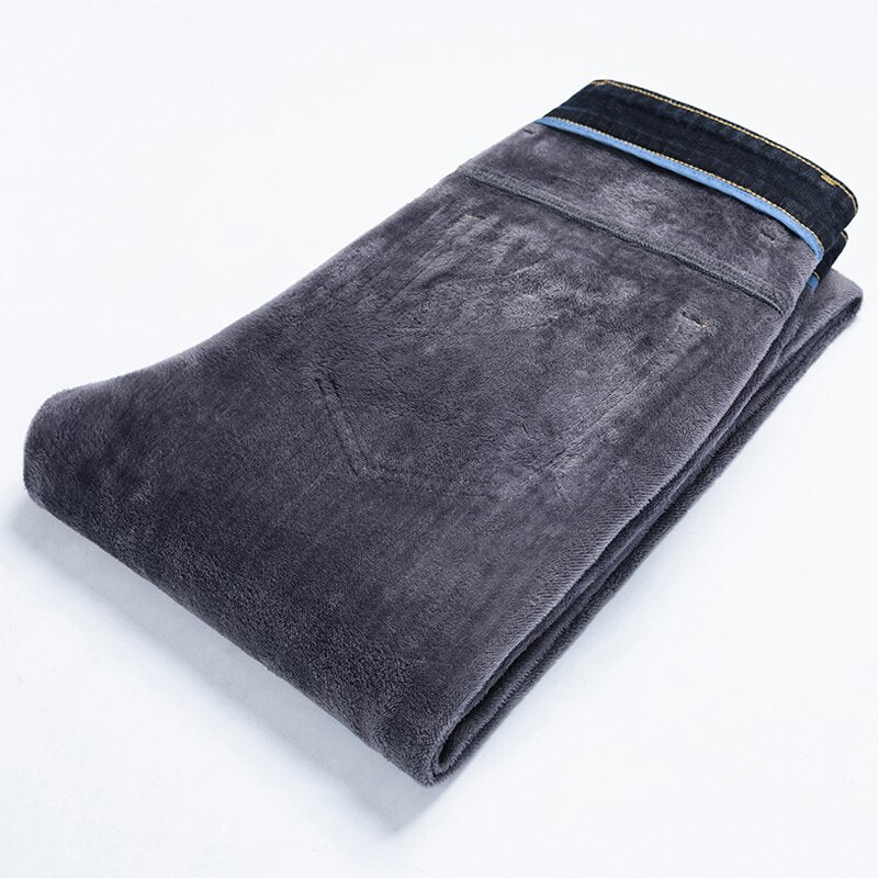 Classic Style Winter Men's Warm Business Jeans Fashion Casual Denim