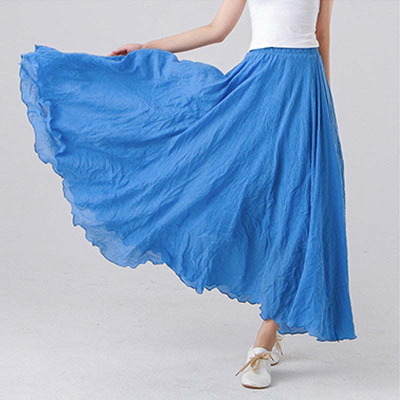 Cotton Linen Maxi Skirt Womens Casual Elastic High Waist Pleated
