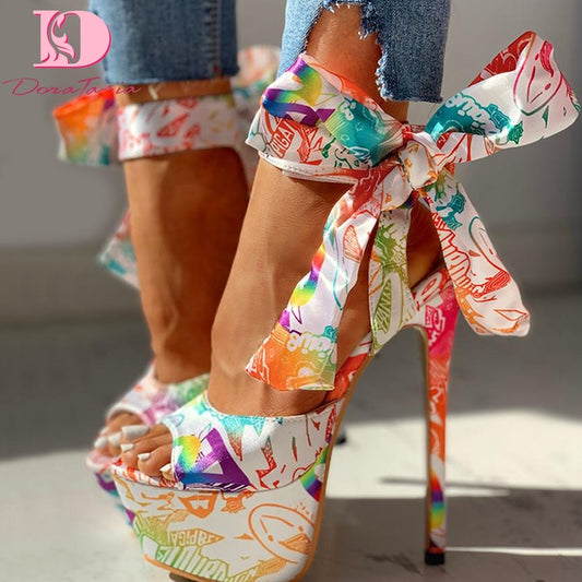 Shoes Print Super Thin High Heels Shoes Sandals Women Summer Party