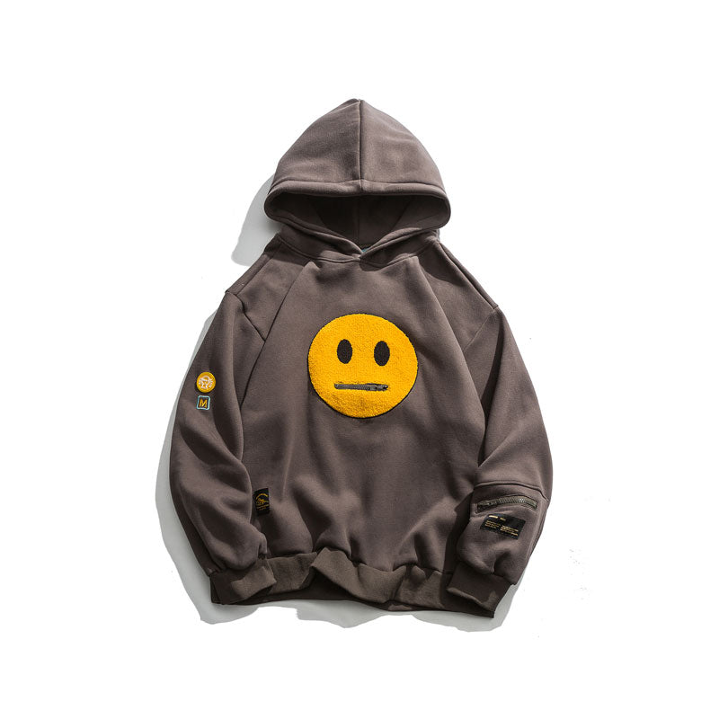 Zipper Pocket Smiley Face Patchwork Fleece Hoodies Sweatshirts Streetwear