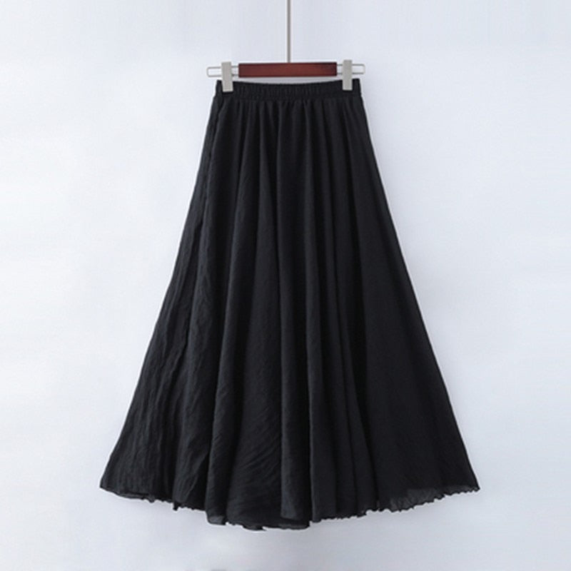 Cotton Linen Maxi Skirt Womens Casual Elastic High Waist Pleated