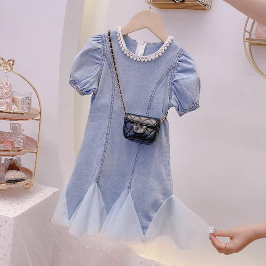 Summer Girls Short-Sleeved Dress Fashion Pearl Decorative Collar Children