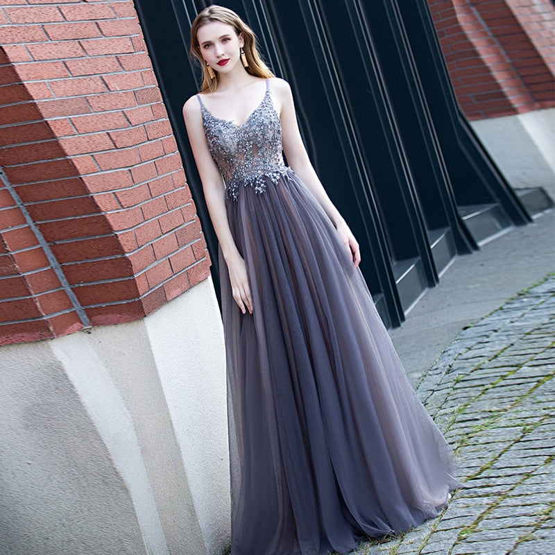 Evening wear Dresses: Prom Dresses V neck High Split Tulle Sleeveless Evening Gown