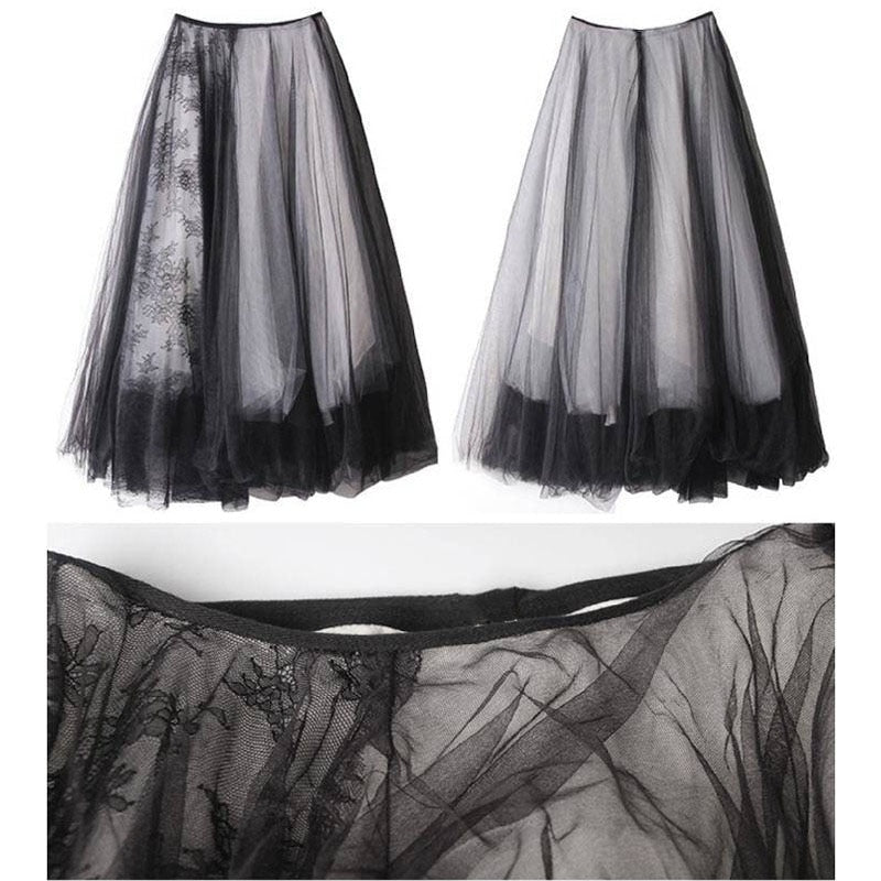 Long Luxury Soft Tulle Skirt Lace stitching Gothic White Black Pleated Tutu Skirts