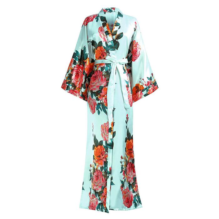 Women Exquisite Print Flower Kimono Gown Wedding Robe Elegant Ankle-length