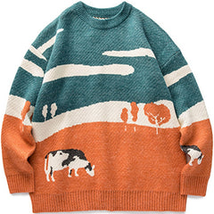 Men Cows Vintage Winter Warm Daily Knitwear Pullover Male Korean Fashions