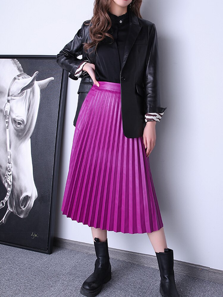 Pleated Skirts For Women Spring Female Harajuku Genuine Leather Vintage