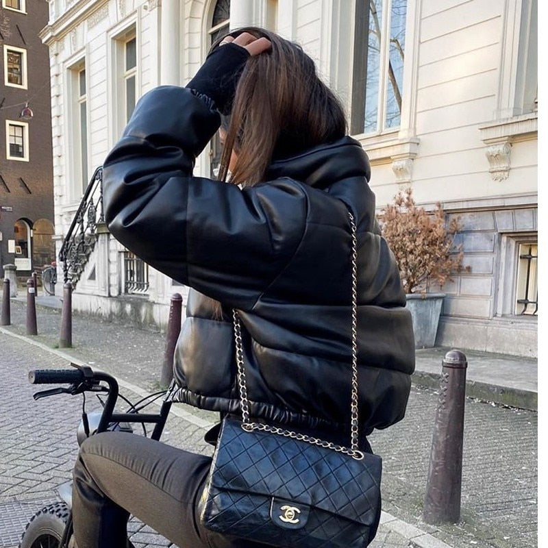 Winter Women Jacket Thick Warm Short Parka Black Pu Leather Coats Woman