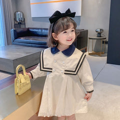 Spring Summer Girls Dress British Style Navy Collar Little Cute Long-Sleeved