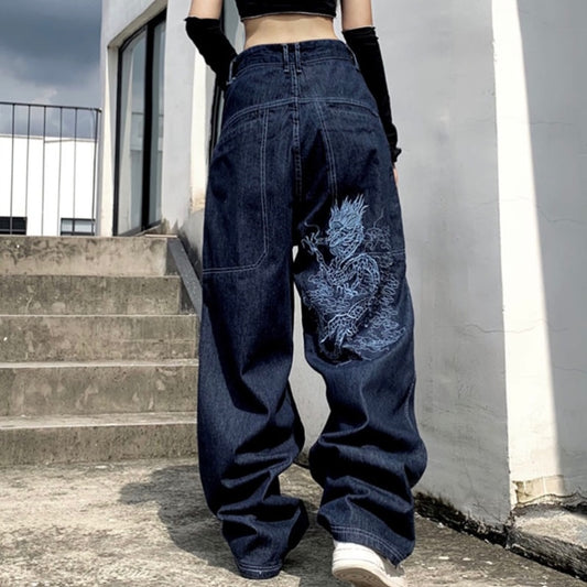 American retro street loose embroidered straight-leg jeans women