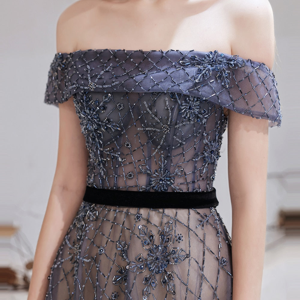 Evening wear Dresses: Blue Evening Dresses Luxury Beaded Beading