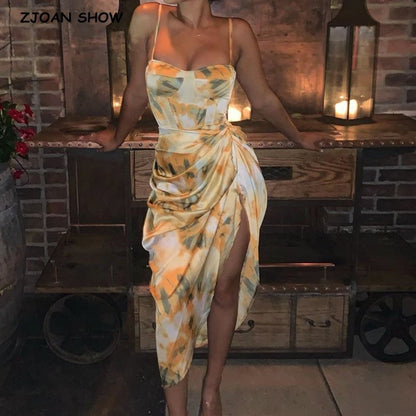 Women Vintage Yellow Tie dye Flower print  Spaghetti Strap Dress