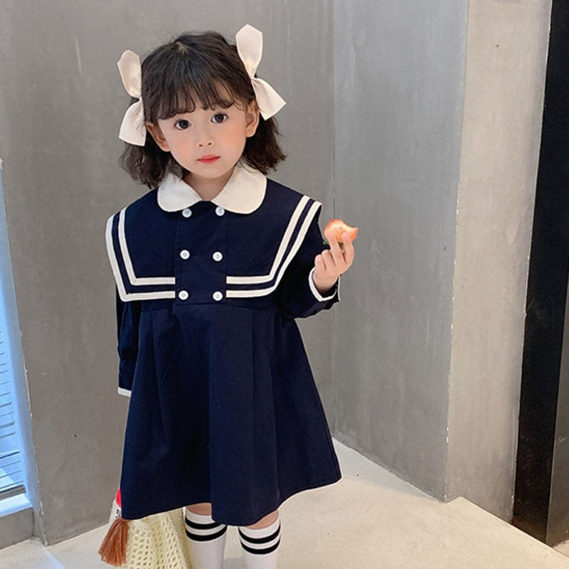 Spring Summer Girls Dress British Style Navy Collar Little Cute Long-Sleeved