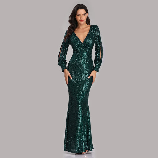 V-neck Mermaid Evening Dress Long Formal Prom Party Gown Full Sequins