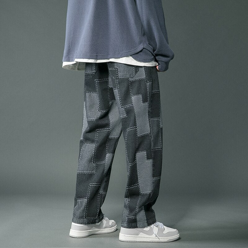 Men Jeans Vintage Geometric Patchwork Hip Hop Denim Pants