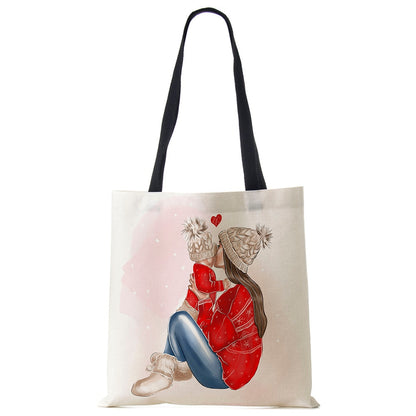 Cute Cartoon Super Mama Print Linen Tote Bag Reusable Shoulder Bags Mom
