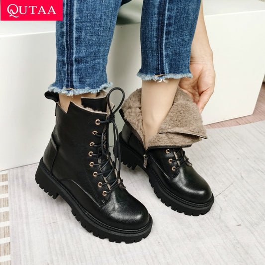 Women Ankle Boots Wool Fur Platform Fashion Warm Mid Heel Motorcycle Boots