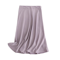 women solid quality satin midi skirt vintage side zipper