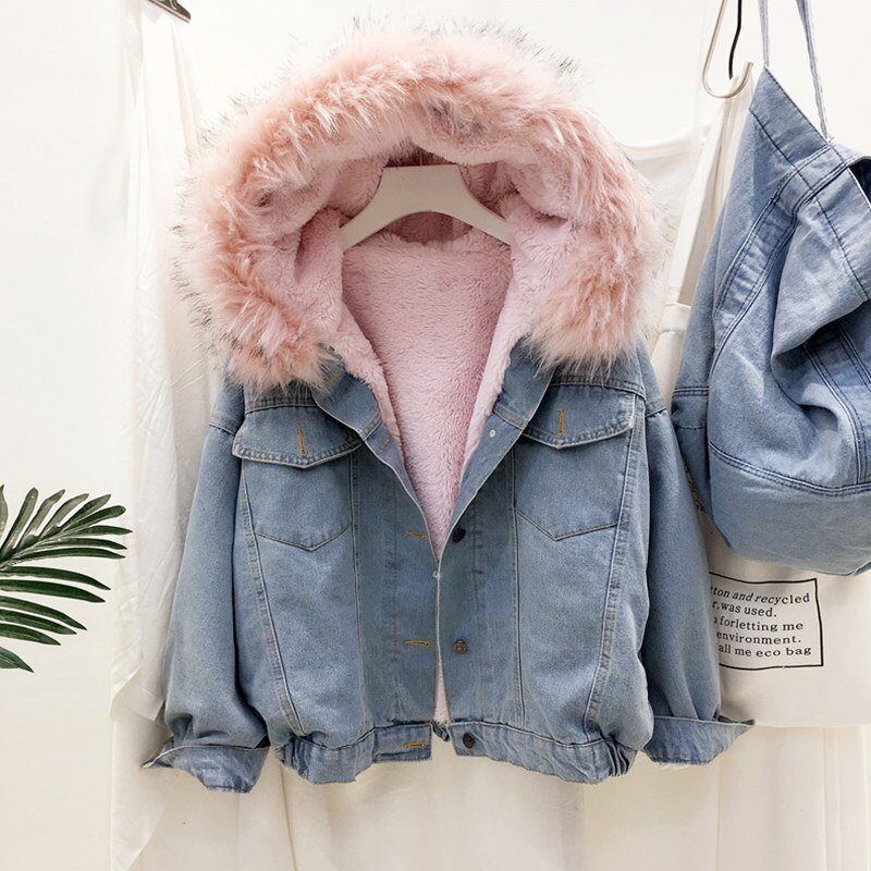 Velvet thick denim jacket female winter big faux fur collar coat female student short coat