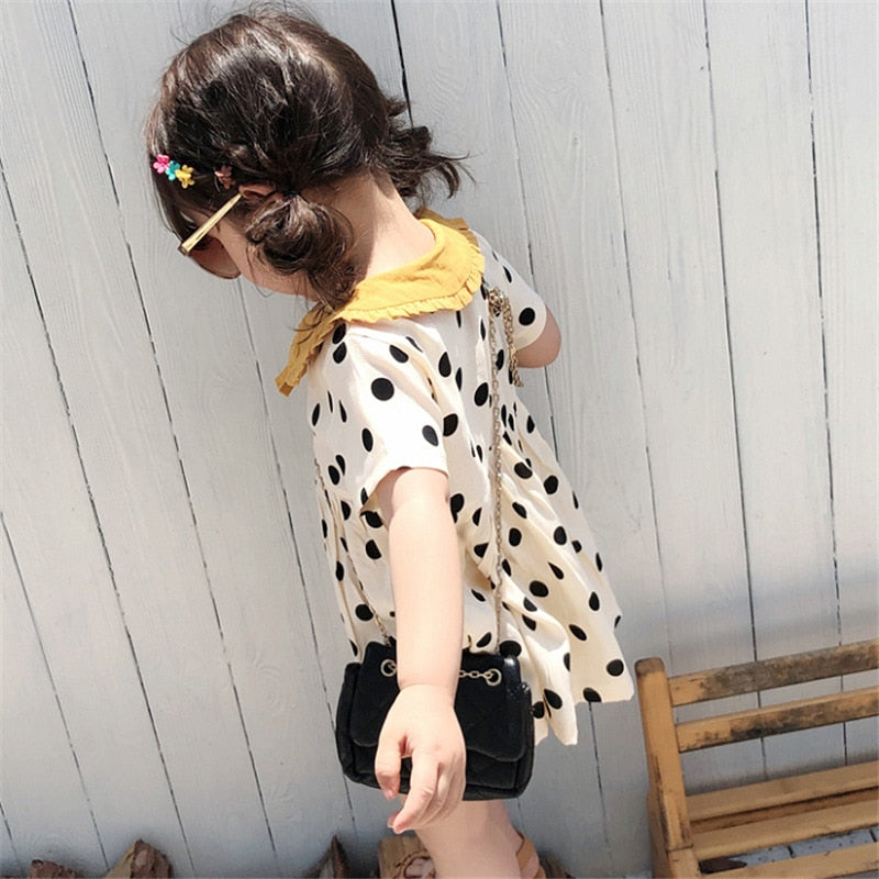 Summer Girls Dress Polka Dot Doll Collar Short Sleeve Sweet Princess Dress