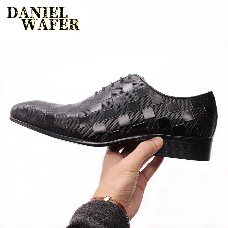 Luxury Italian Oxford Men Dress Shoes Fashion Hand-made Plaid