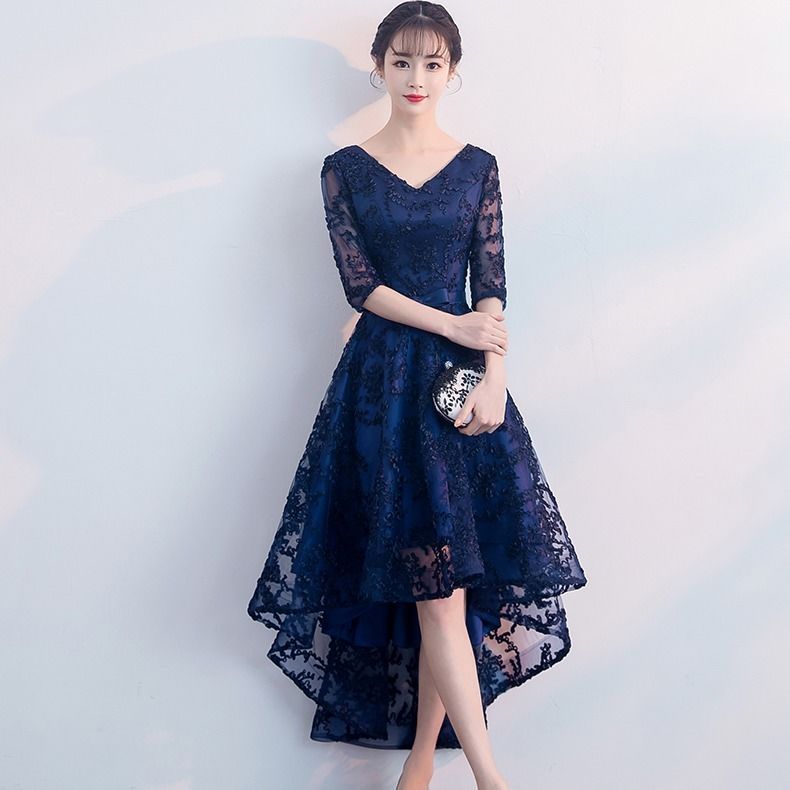 Homecoming Dresses: Navy Blue Silver Gray Champagne High Low Prom Dresses