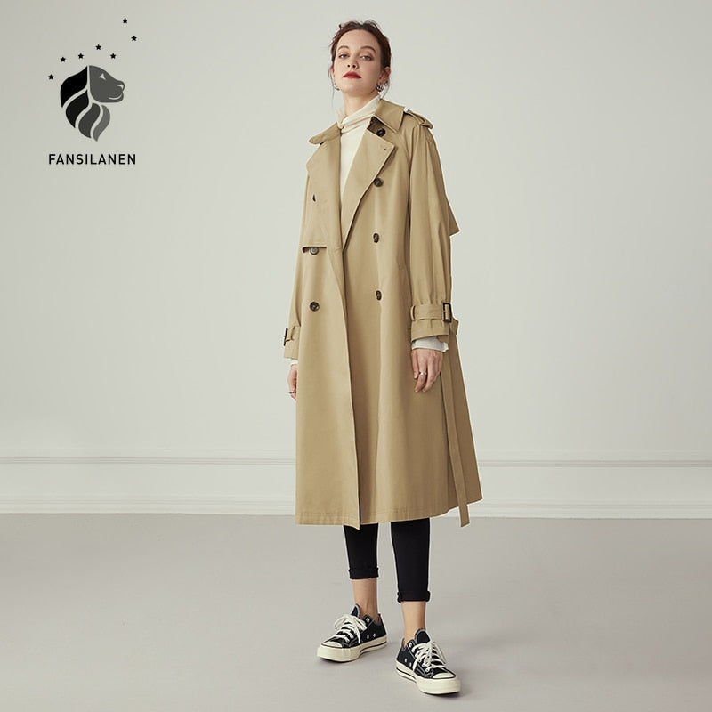 100% Cotton Khaki Long Women Trench Coat