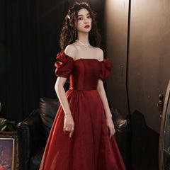 Burgundy Simple Prom Dress Puff Sleeve Square Collar Long Party