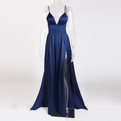 Deep V Neck Spaghetti Strap Backless 2 High Split Satin Maxi Cocktail Party