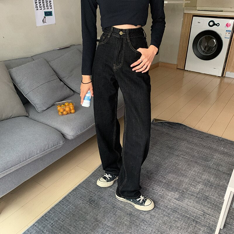 Vintage High Waist Women Black Jeans Autumn Street Wear Wide