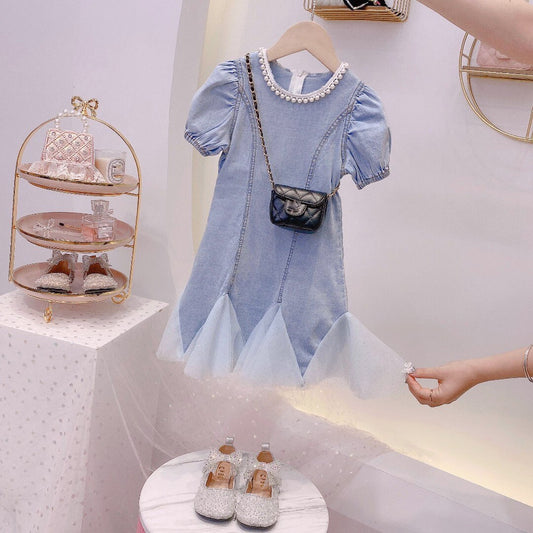 Summer Girls Short-Sleeved Dress Fashion Pearl Decorative Collar Children