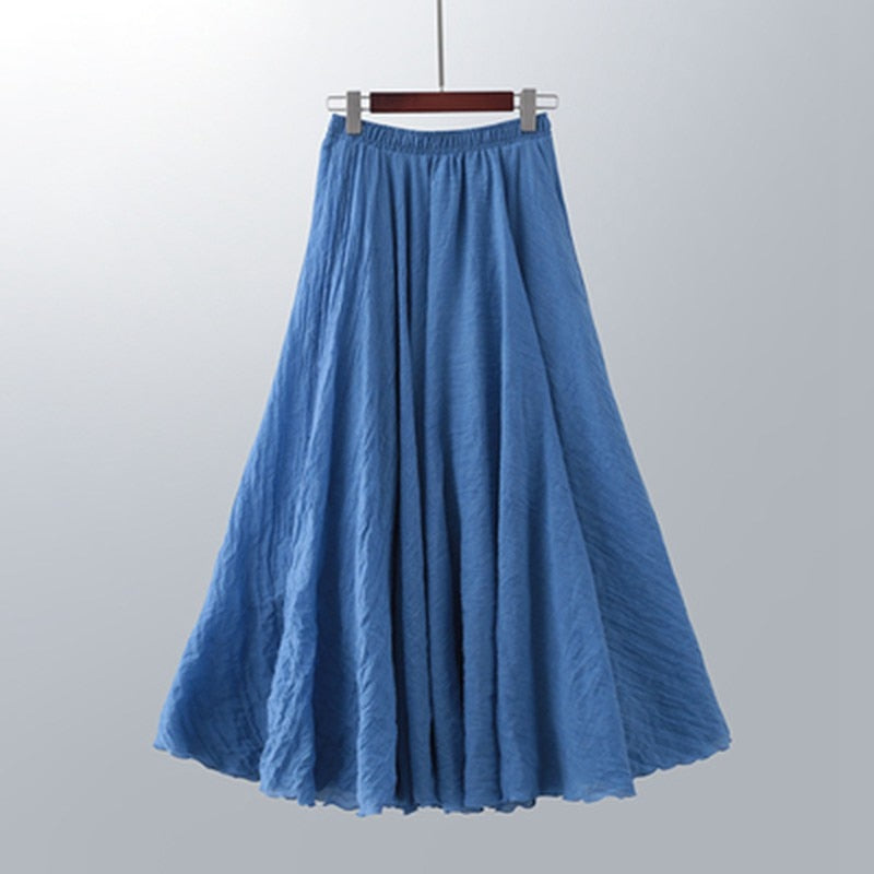 Cotton Linen Maxi Skirt Womens Casual Elastic High Waist Pleated