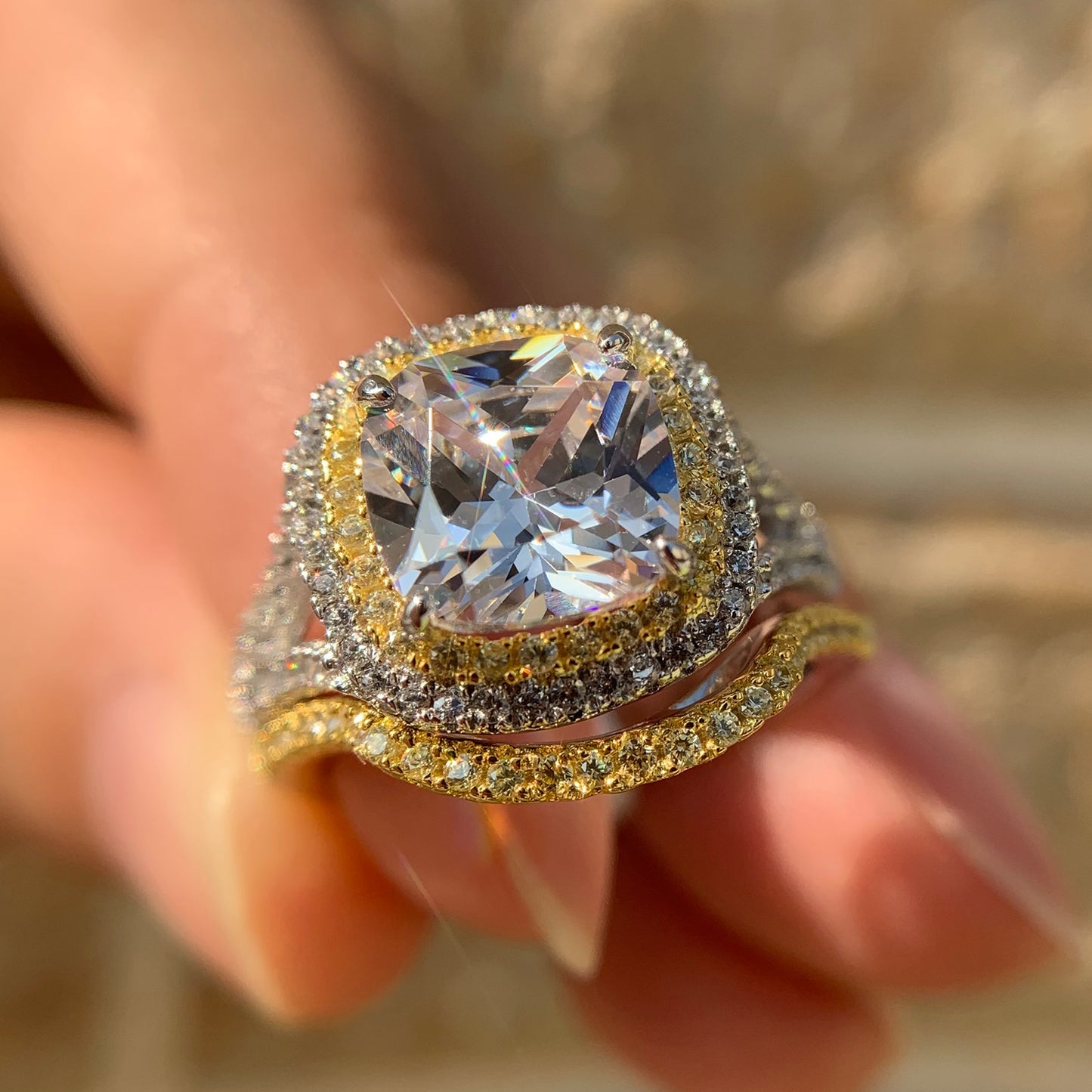 925 Silver Jewelry Halo Yellow Gold Color Engagement Ring Wedding Band