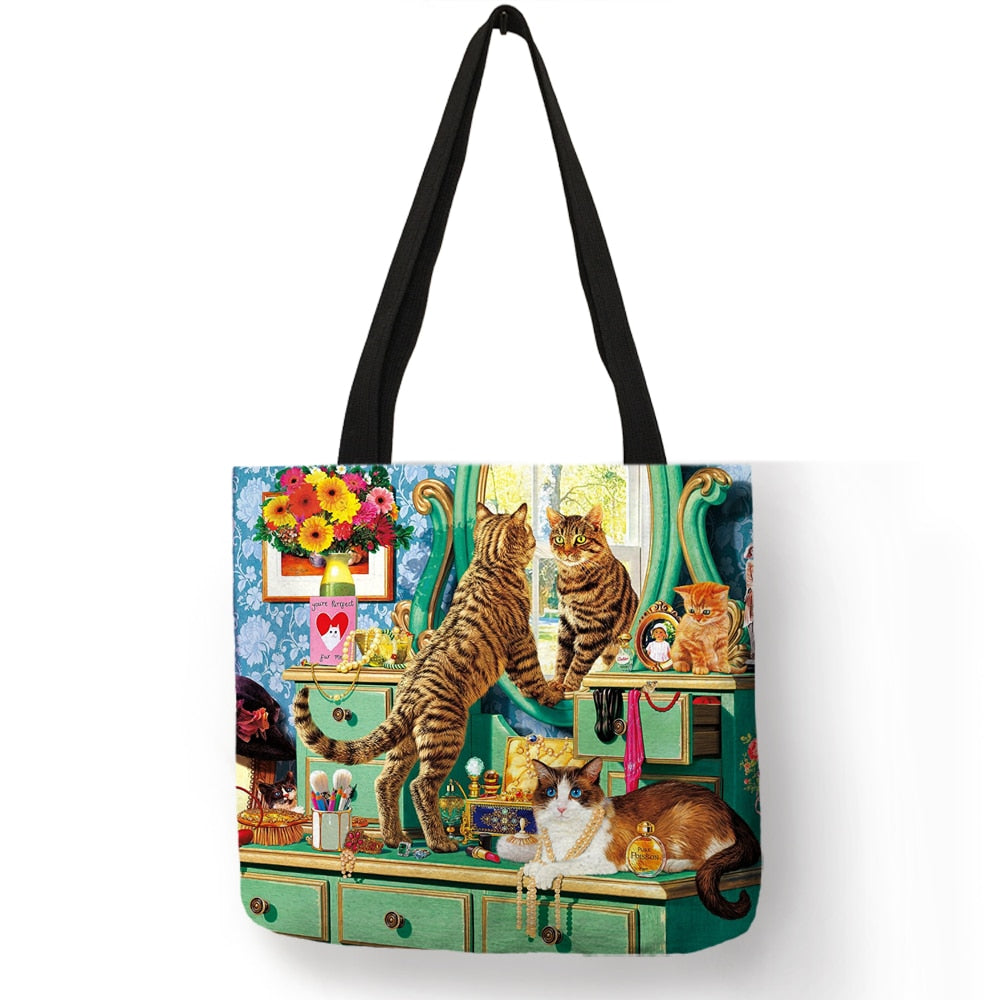 Customize Oil Painting Cat Print Womens Designer Tote Bags Linen