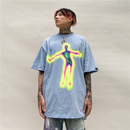 UNCLEDONJM Distorted Portrait Printing Short-Sleeved T-shirt Hip-Hop