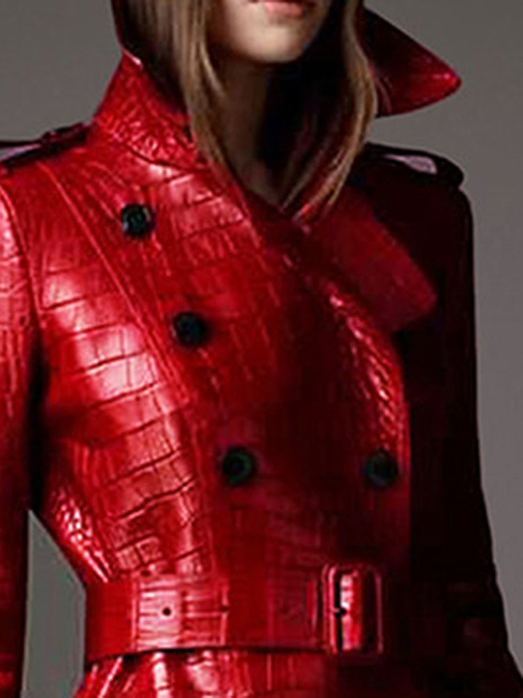 Lautaro Autumn Long Red Crocodile Print Leather Trench Coat for Women