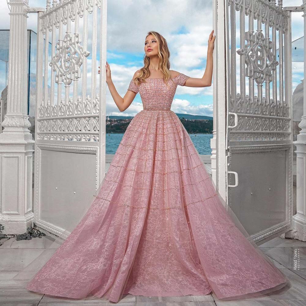Evening wear Dresses: Evening Dresses Long Luxury Pink Lace Beaded Beading