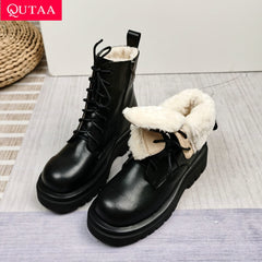 Women Motorcycle Boots Winter Warm Plus Plush Round Toe