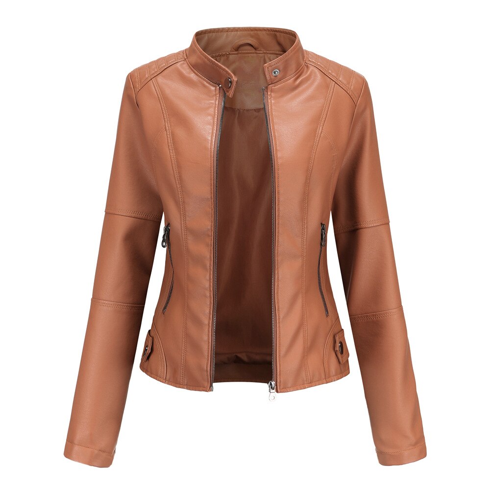 Women Leather Jacket Spring Autumn Black PU Leather Coat Stand-up