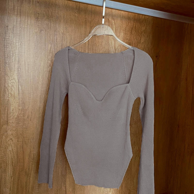 Square Collar Long Sleeve Woman Sweaters Knitted Pullover Women