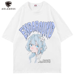 T-shirt Men Green Hair Girl Cartoon Anime Printed O-Neck  Streetwear