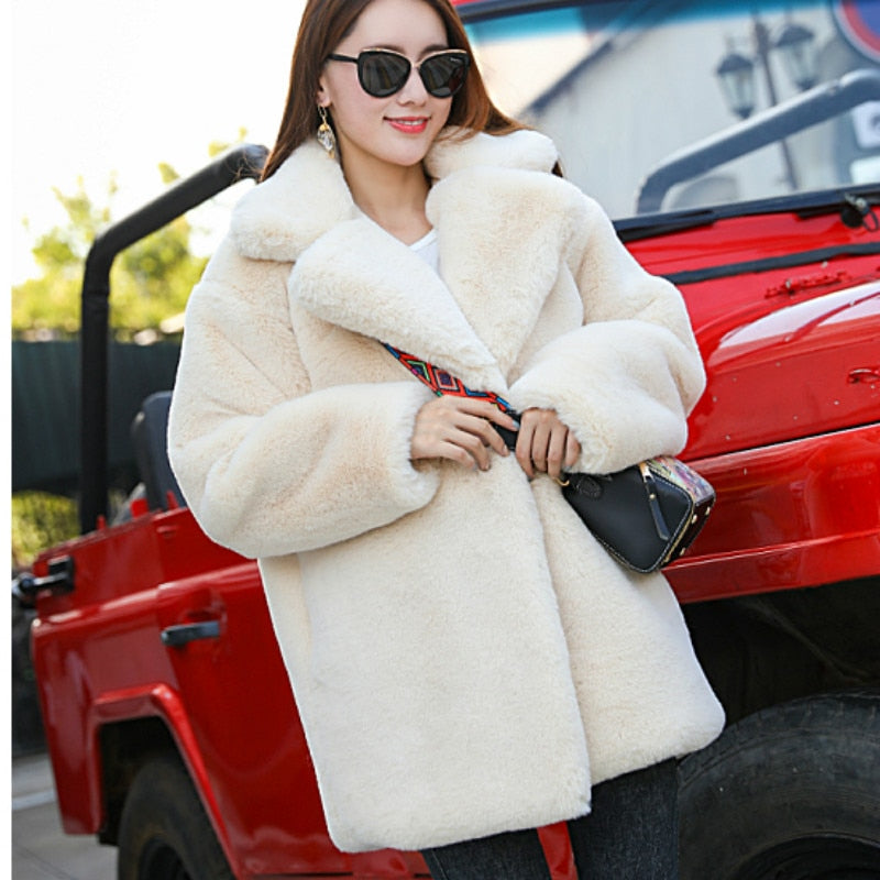Winter Women High Quality Faux Rabbit Fur Coat Luxury Fur Coat Loose Lapel Over Coat