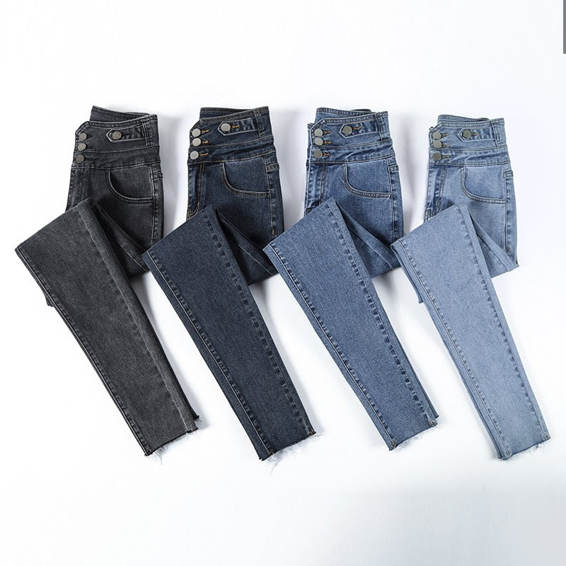 GUUZYUVIZ High Waist Jeans Autumn Winter Pencil Pants Denim Buttons Ladies Jeans Trousers High Elasticity Jean Femme