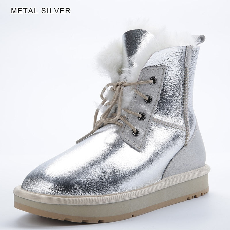 Leather Natural Sheep Wool Fur Lined Casual Ankle Winter Snow Boots for Women