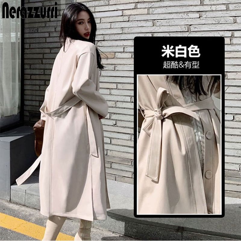 Autumn long leather trench coat for women long sleeve belt buttons