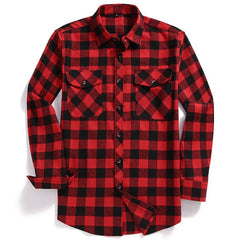 Men Casual Plaid Flannel Shirt Long-Sleeved Chest Two Pocket Design