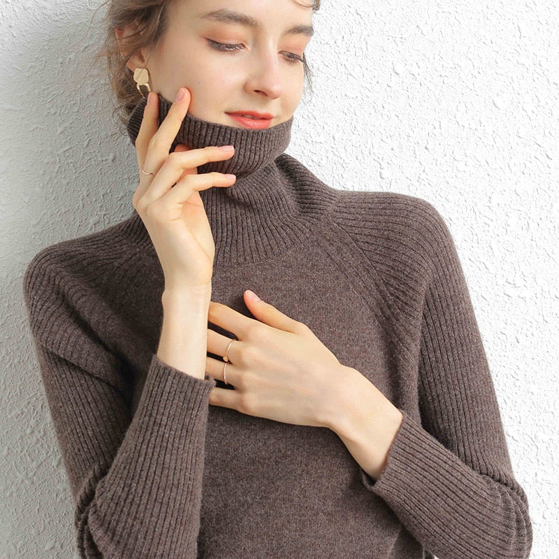 Women Turtleneck Merino Wool Cashmere Sweater Long Sleeves Autumn Winter Sweater
